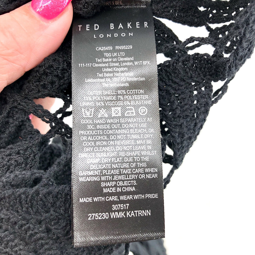 TED BAKER Women's Katrnn Crochet Top US 10 Ted Size 4 Black Short Sleeve NWT