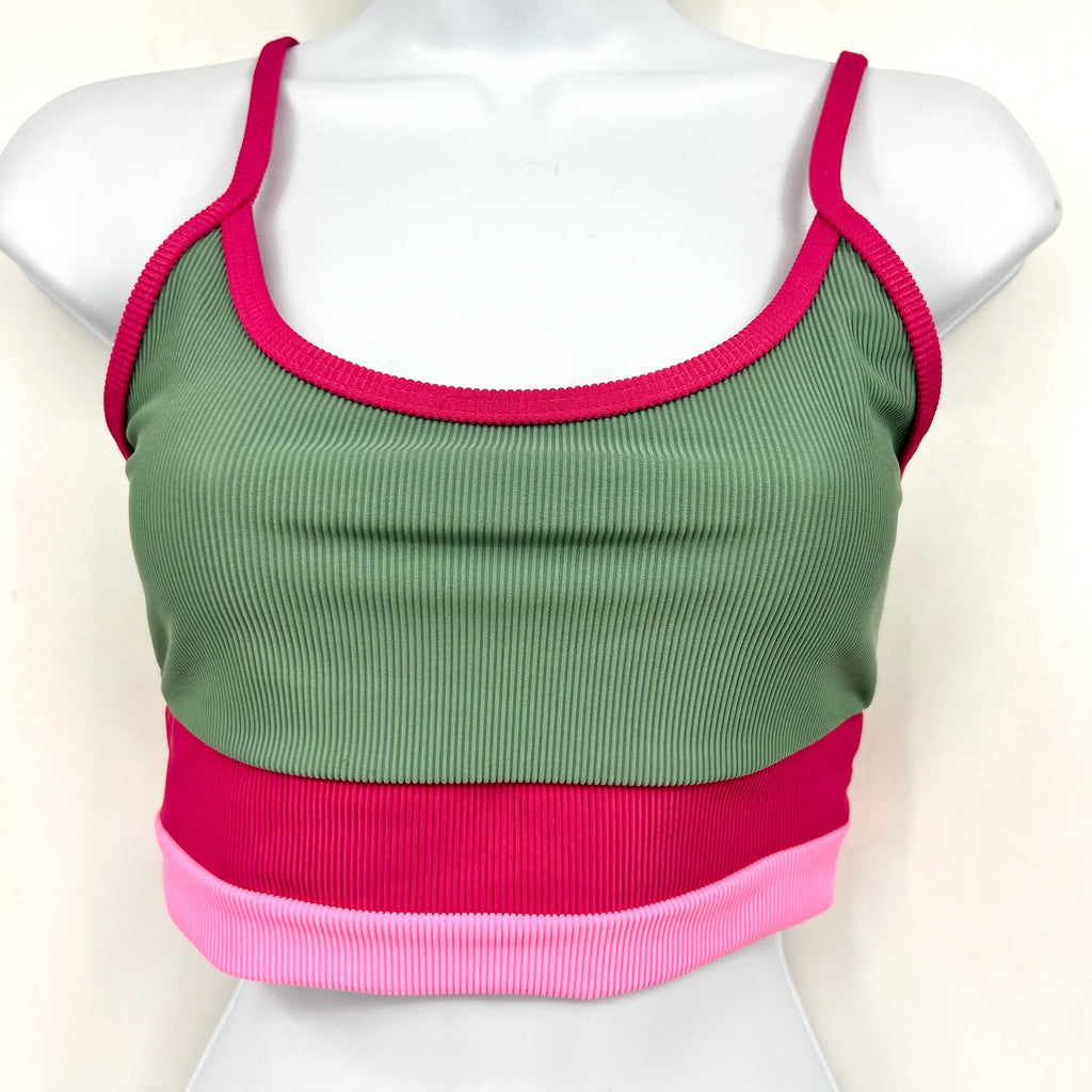 BEACH RIOT Women's Eva Bikini Top Medium Green Pink Sage Bloom Colorblock NWT