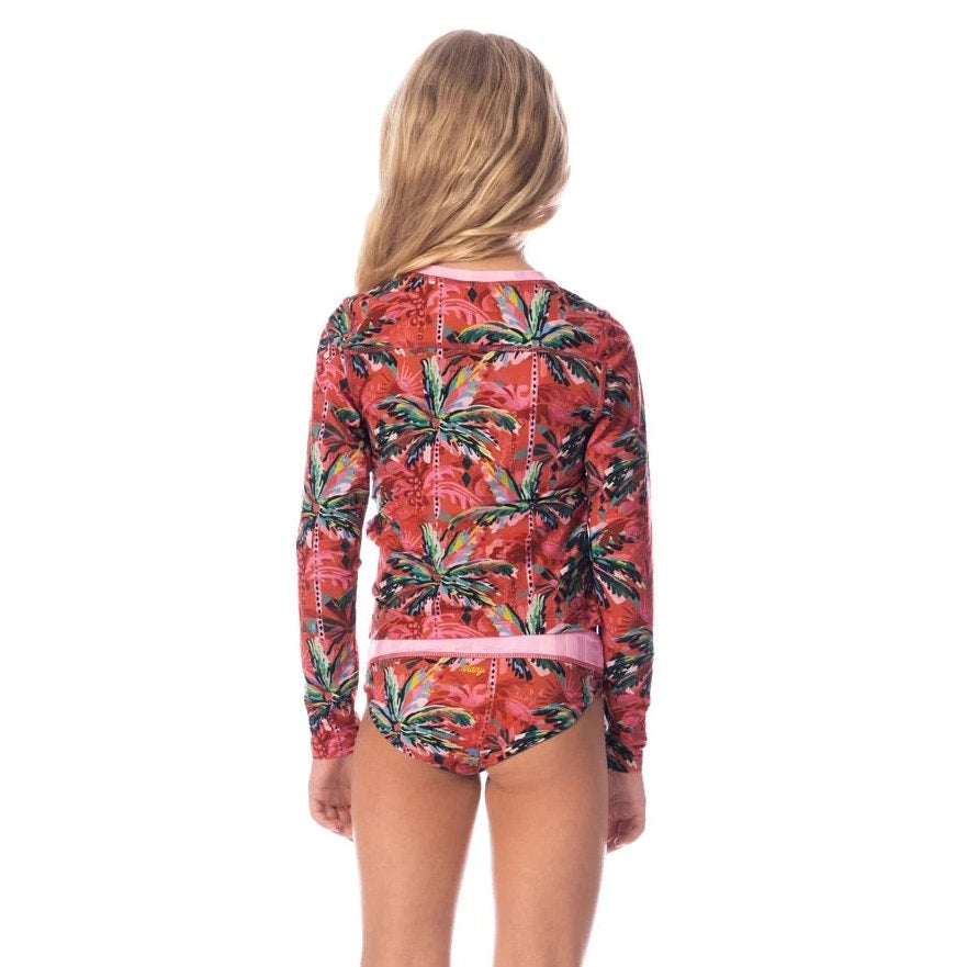 MAAJI Girl's Odyssey Rashguard Swim Top Size 12 Red Flame Palms Long Sleeve NWT