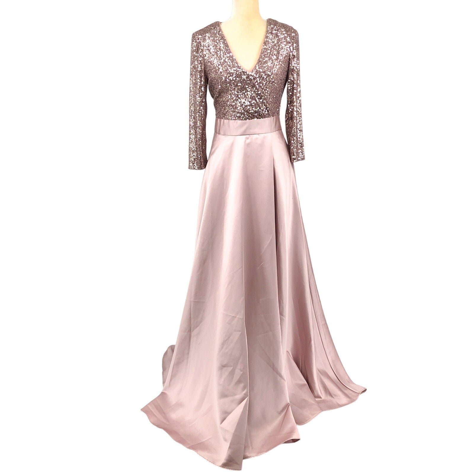 XSCAPE Women's Sequin & Satin A-Line Gown Size 10 Rose Pink Elbow Sleeve NWOT