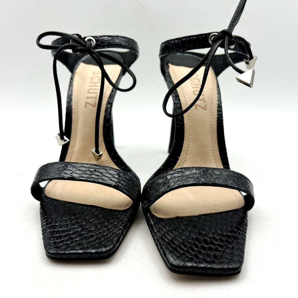 SCHUTZ Womens Mavis Heel Sandals Size 5.5 B Black Snake Shine Leather NIB