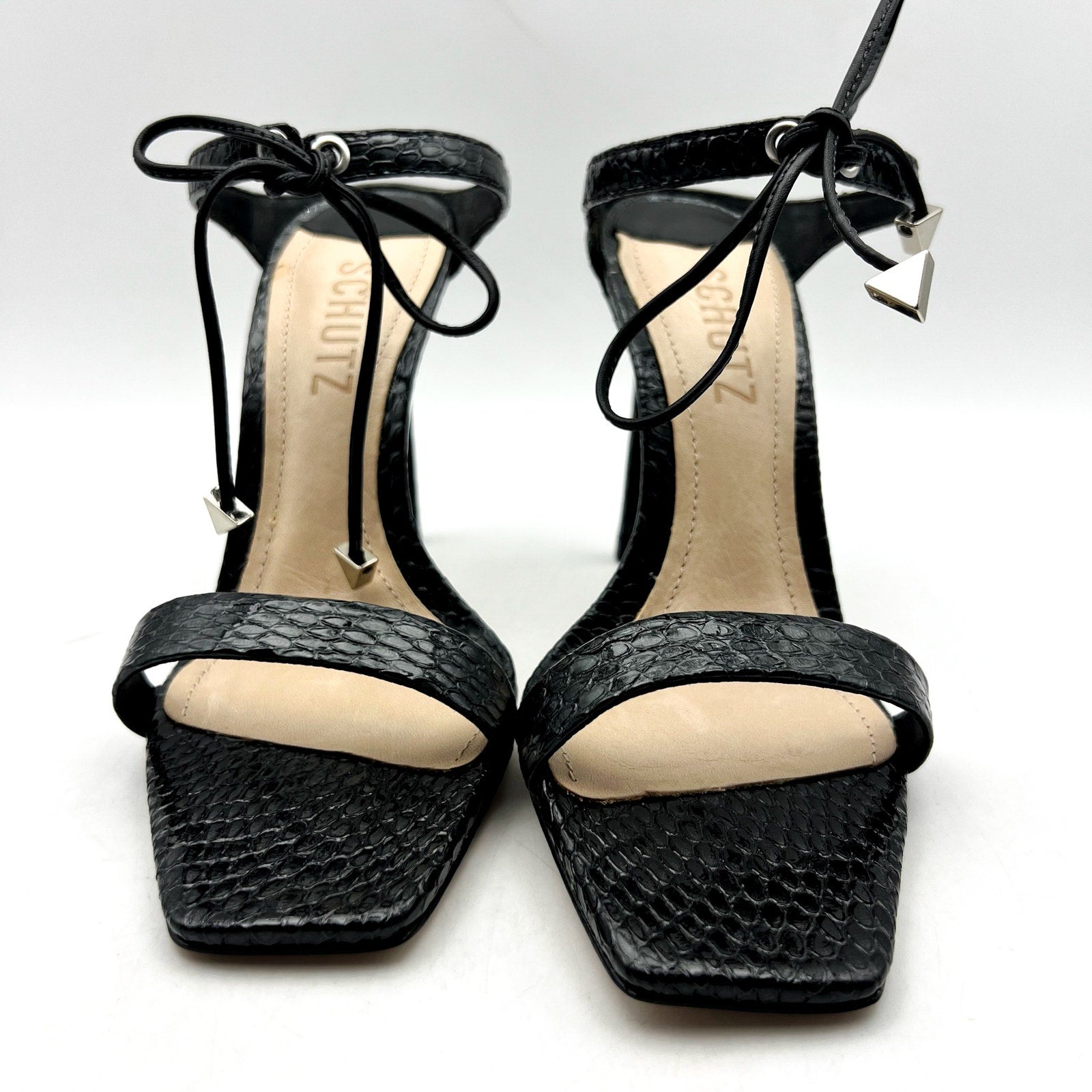 SCHUTZ Womens Mavis Heel Sandals Size 5.5 B Black Snake Shine Leather NIB