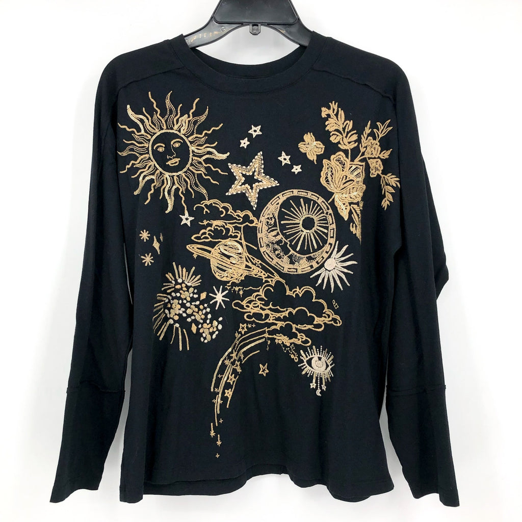JOHNNY WAS Women's Miaora Printed Tee Top Medium Black Long Sleeve Dolman NWT