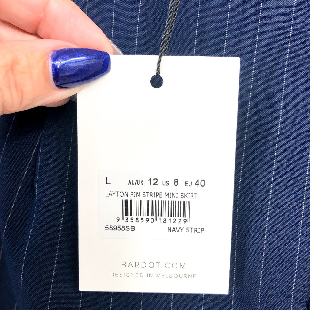BARDOT Women's Layton Pin Stripe Mini Skirt Large US 8 Navy Blue NWT