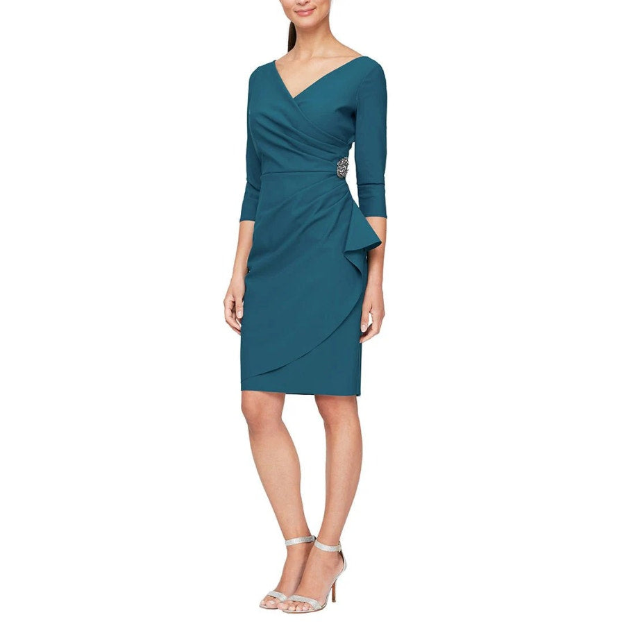 ALEX EVENINGS Beaded Wrap Front Dress Size 14 Blue Green Teal 134134 NWT