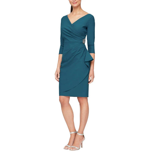 ALEX EVENINGS Beaded Wrap Front Dress Size 14 Blue Green Teal 134134 NWT