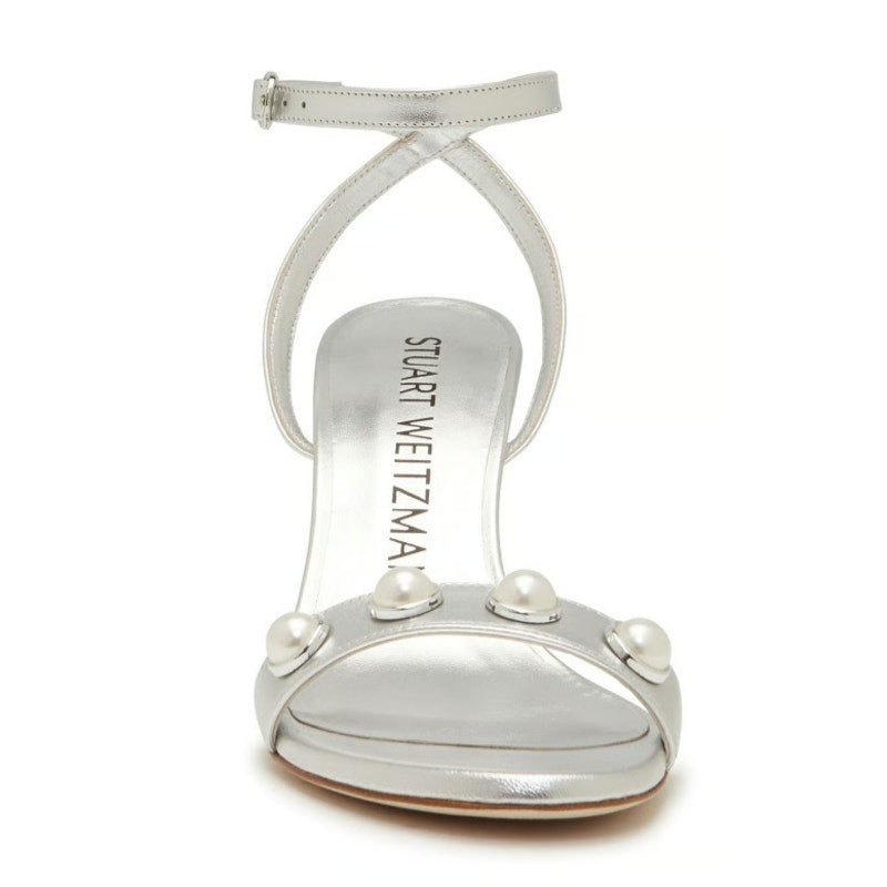 Stuart Weitzman Women Nearlybare Portia Heeled Sandal US 9 B Silver Leather NWOB