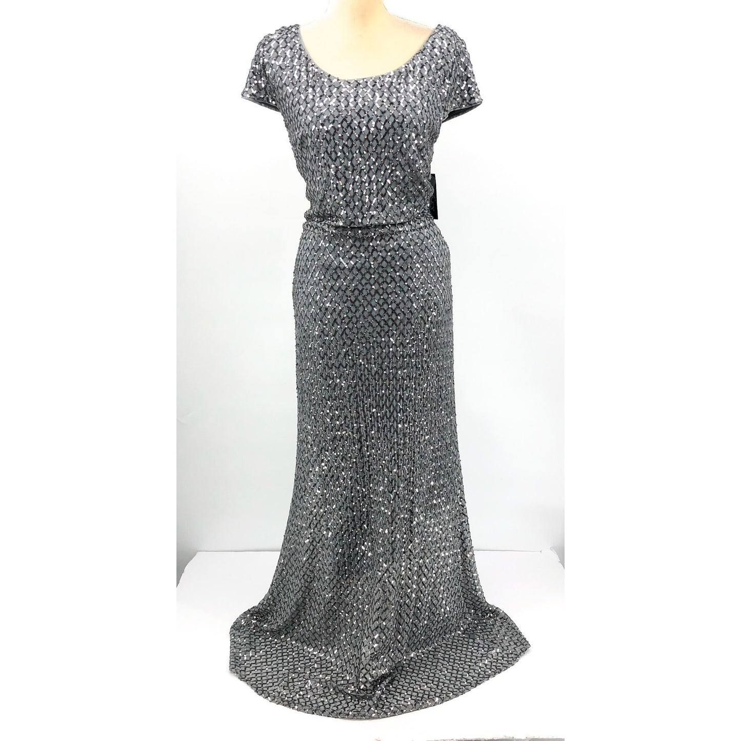 ALEX EVENINGS Sequin Scoop Neck Gown Size 16 Silver Gunmetal Cap Sleeve NWT