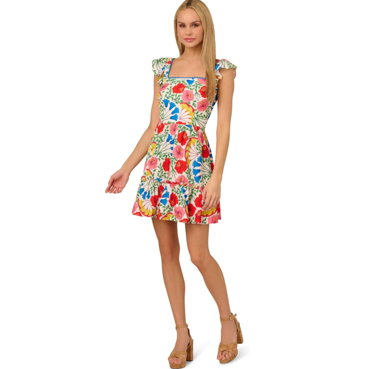 Adrianna Papell Womens Flutter Sleeves Short Dress Size 16 White Pink Floral NWT