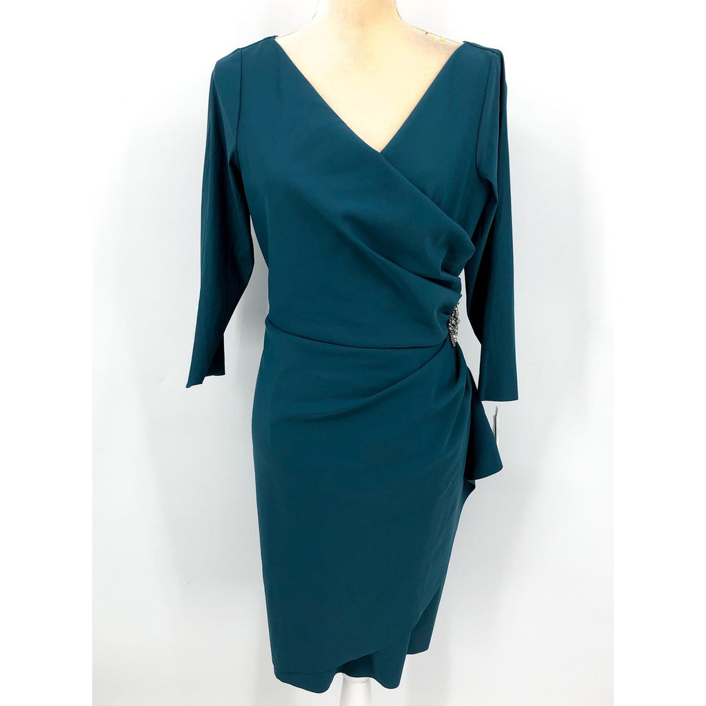 ALEX EVENINGS Beaded Wrap Front Dress Size 14 Blue Green Teal 134134 NWT