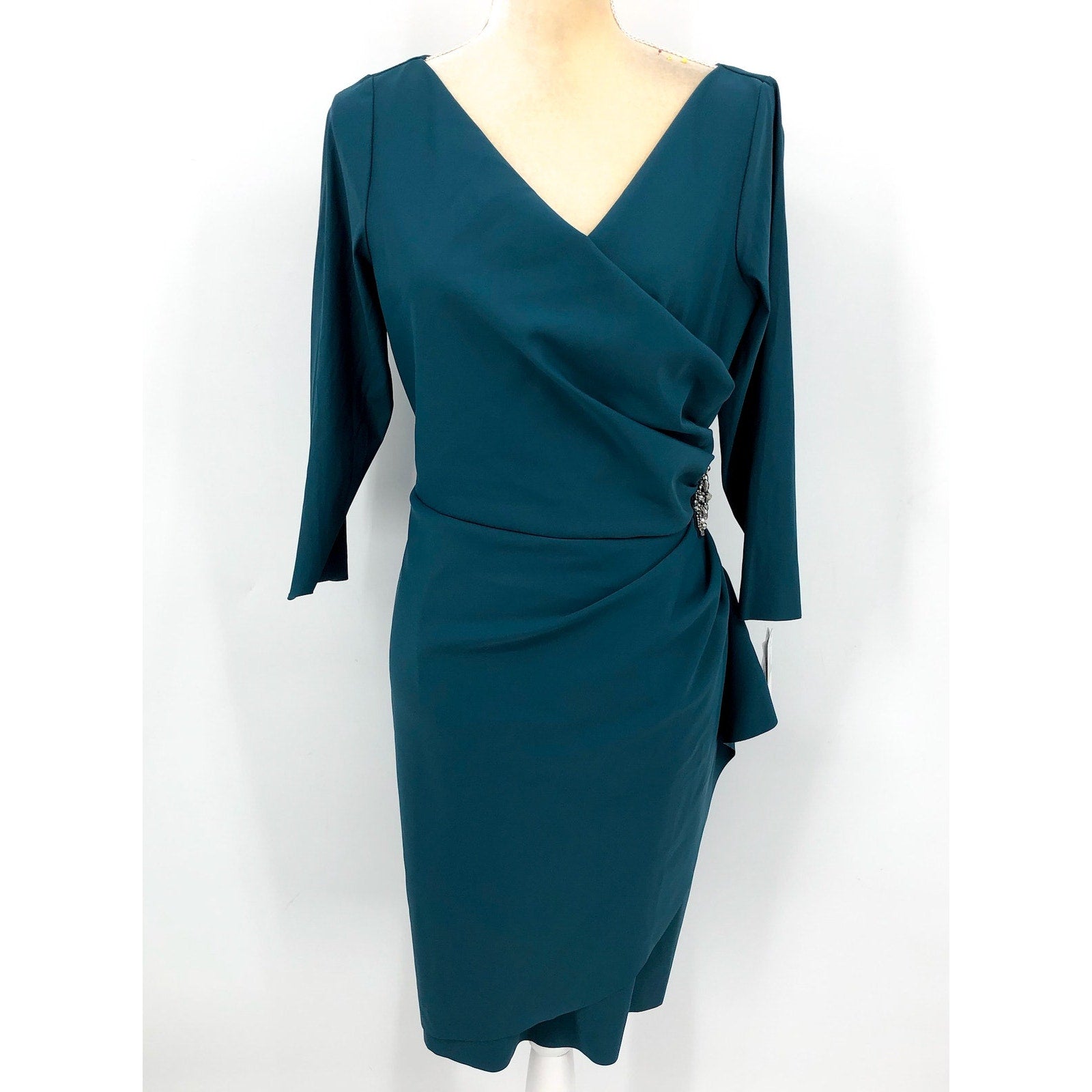 ALEX EVENINGS Beaded Wrap Front Dress Size 14 Blue Green Teal 134134 NWT
