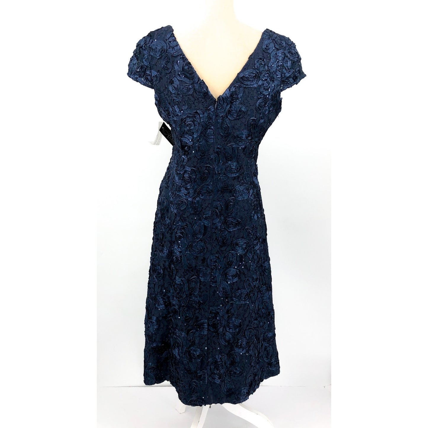 ALEX EVENINGS Rosette A-line Midi Dress Size 14 Navy Blue Sequin Lace 121570 NWT