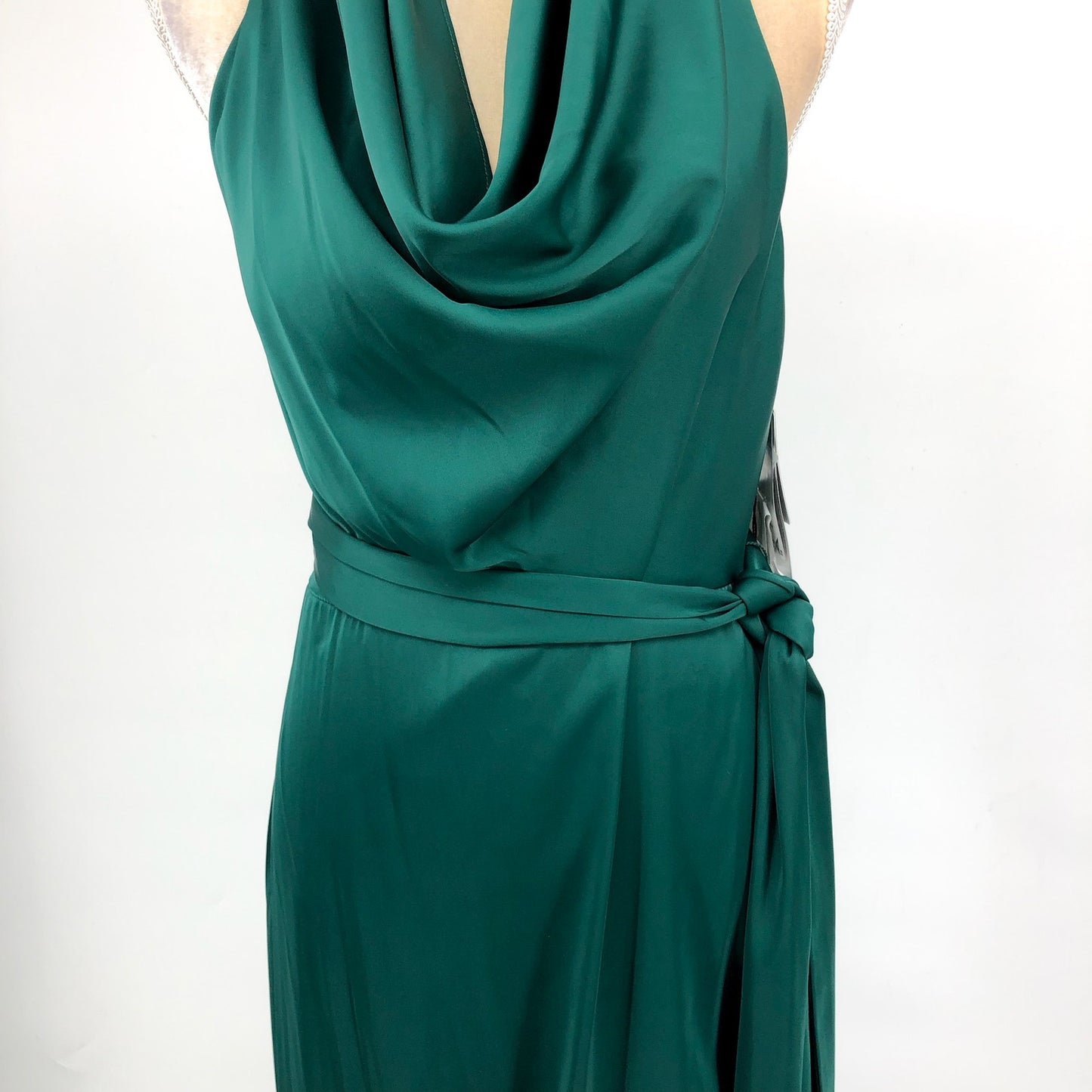 LIV FOSTER Satin Tie Waist Cowl Neckline Column Gown Size 10 Bright Green NWT