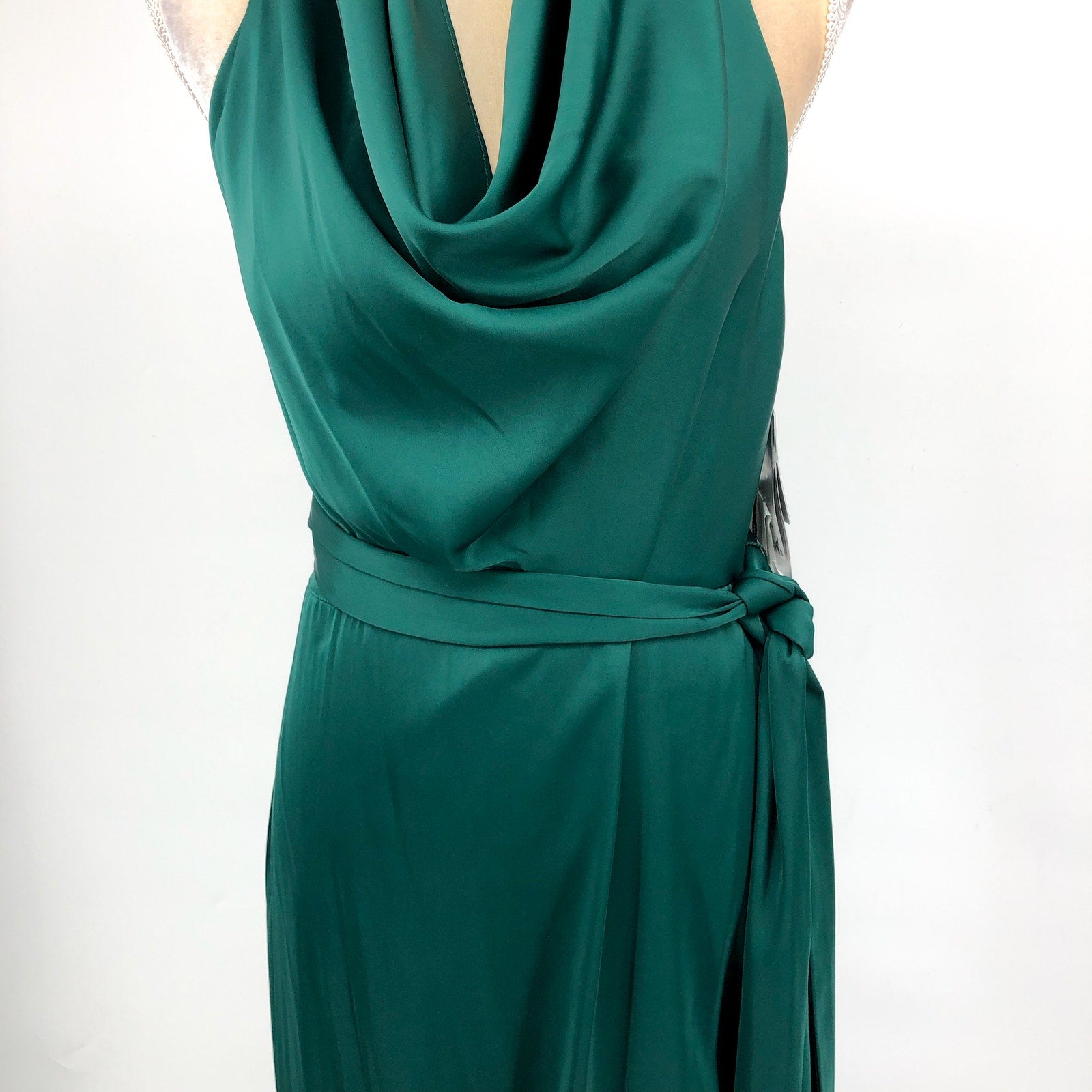 LIV FOSTER Satin Cowl Neckline Column Gown Size 10 Green Tie Waist NWT