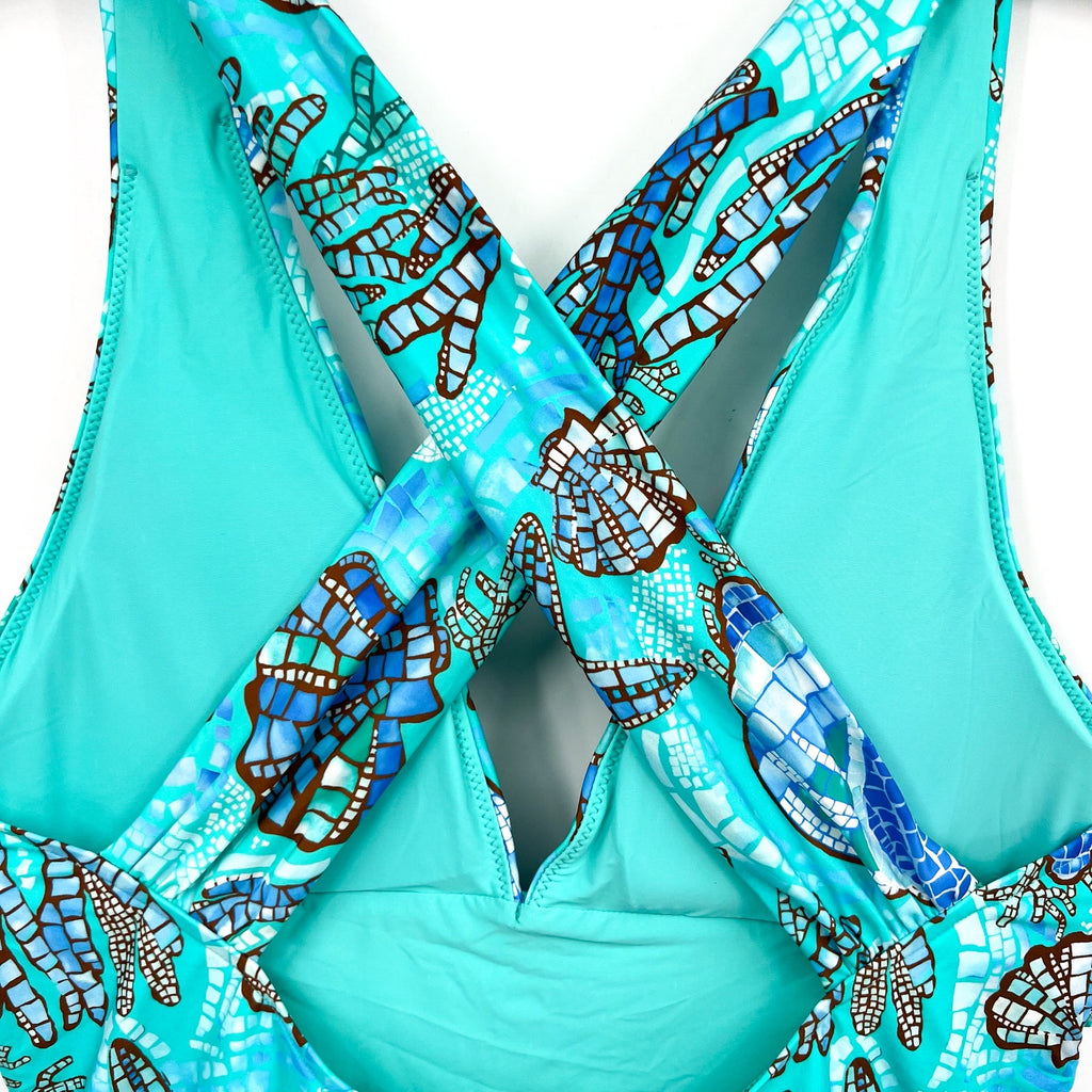 SEAFOLLY La Mer Cross Back One Piece Swimsuit Size 14 Aquatic Blue Print NWT
