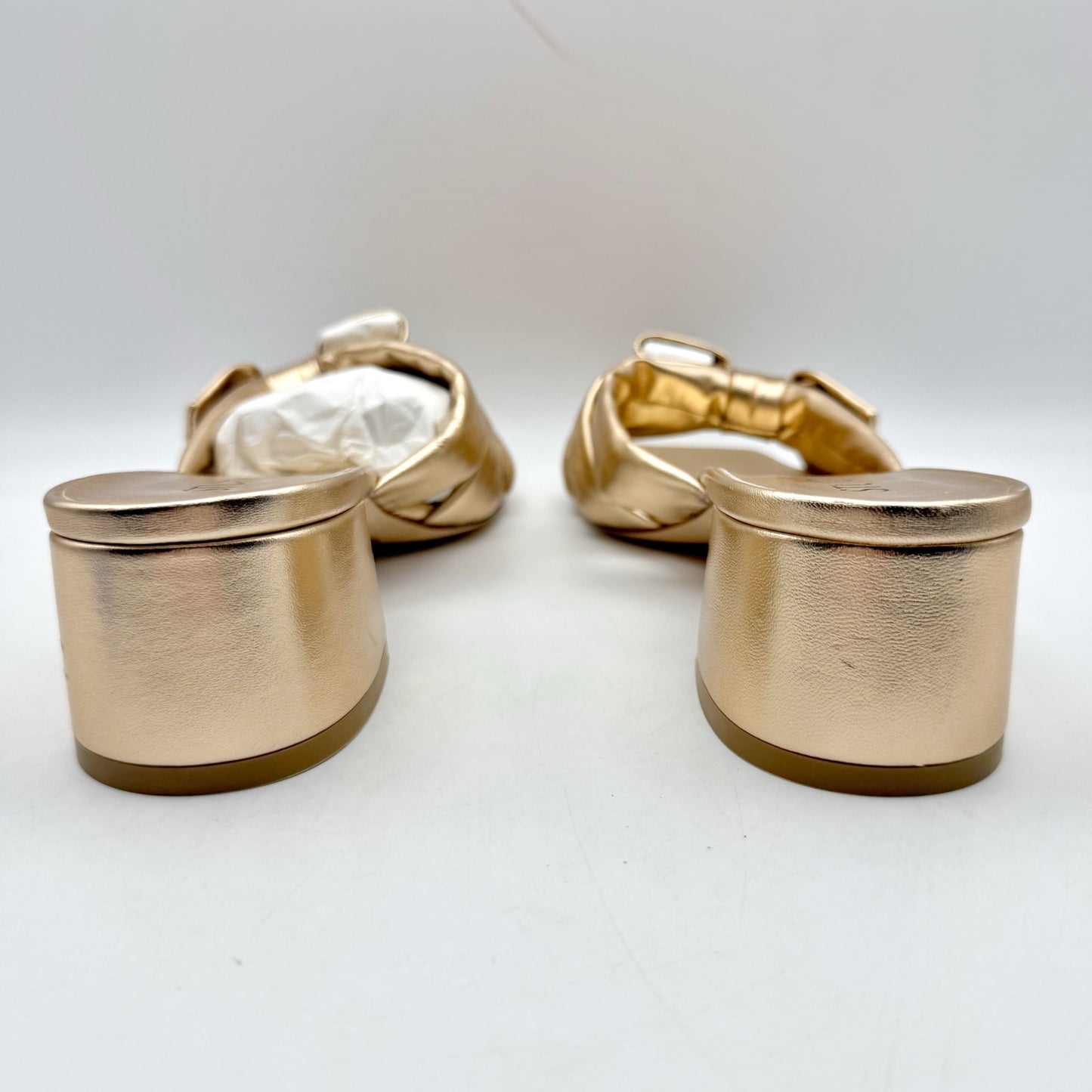 Stuart Weitzman Womens Sofia 45 Slide High Heels US 8.5 M Gold Leather Bow NIB