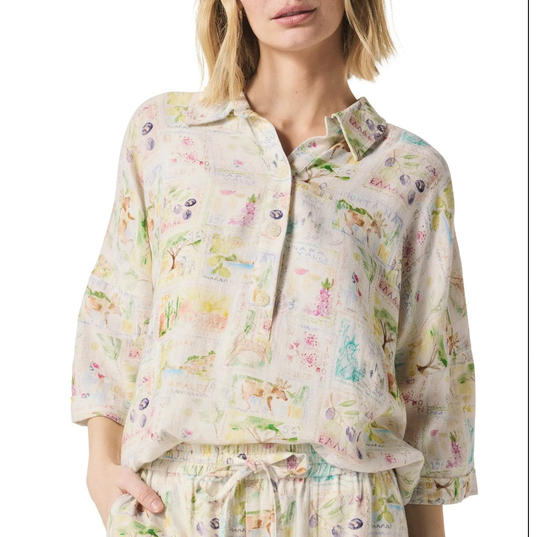 SPLENDID Women's Coastal Postcard Top Medium White Print Linen Blend Blouse NWT