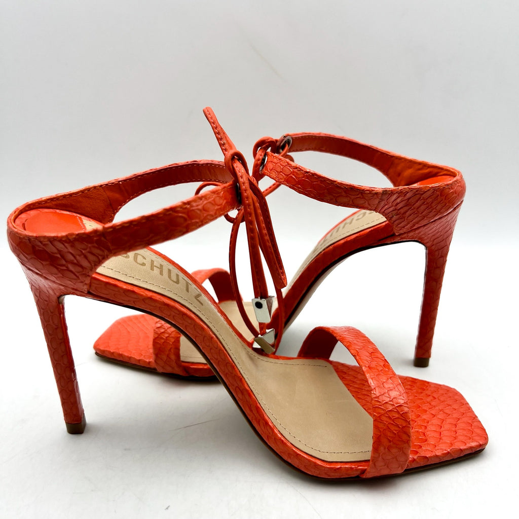 Schutz Womens Mavis Heel Sandal Size 5.5 Snake Shine Bright Orange Leather NIB