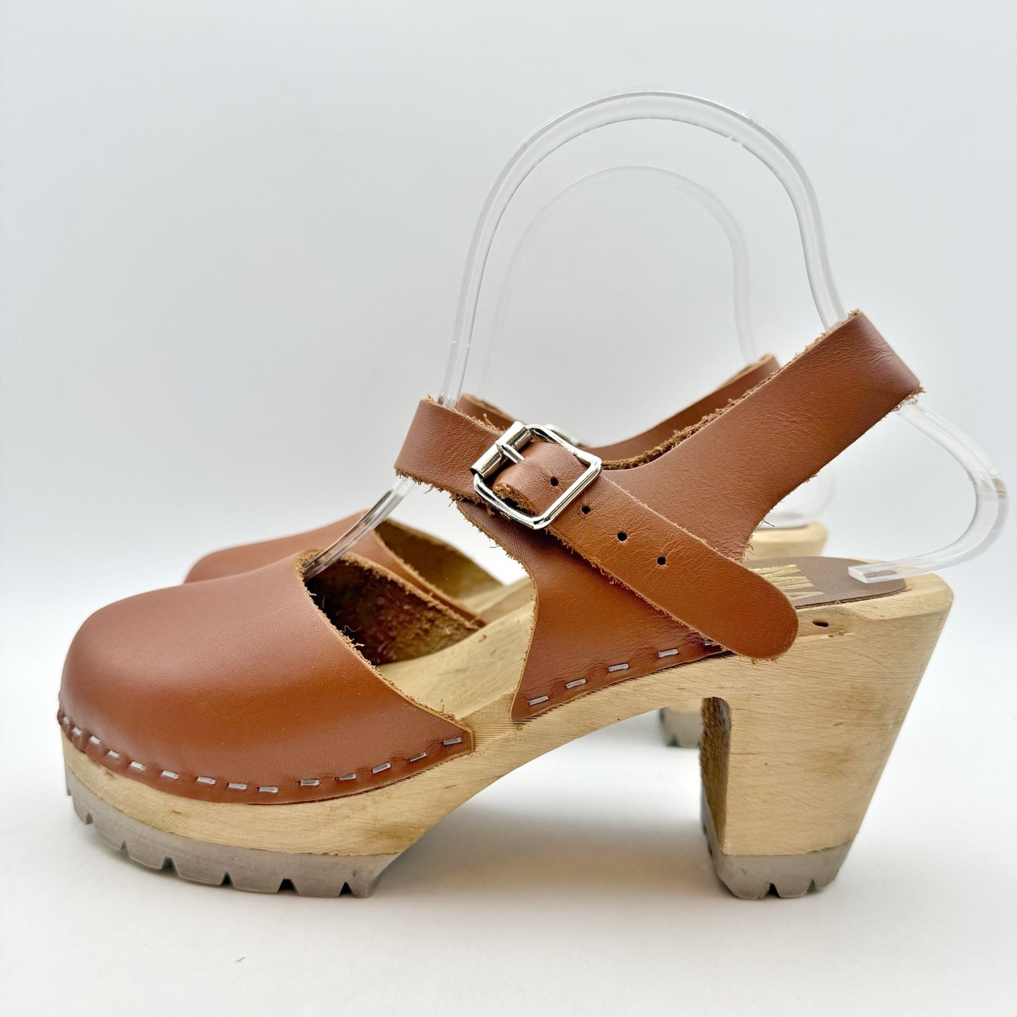 MIA Womens Abba Clogs EU 36 US 6 Luggage Brown Leather Wooden Heel NWOB