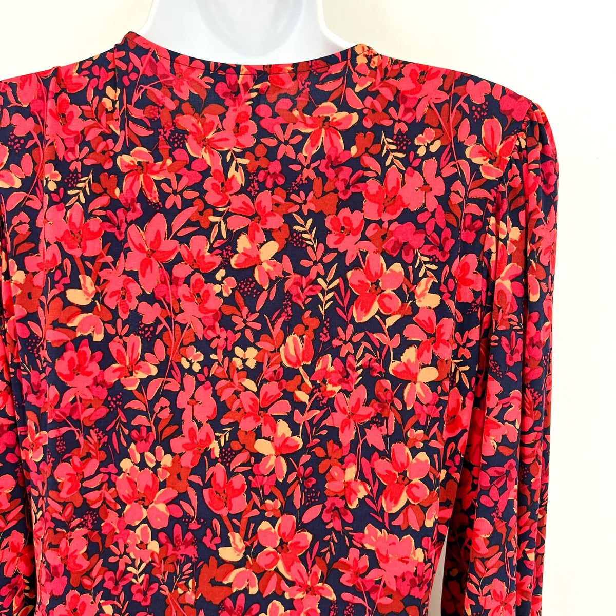 MAGGY LONDON Womens Floral V-Neck Dress Small Navy Blue Red Smocked NWT