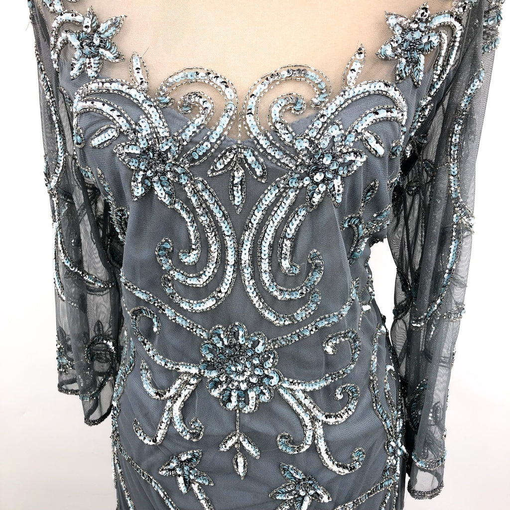 PISARRO NIGHTS Beaded Illusion Neck Gown Size 14 Sky Blue Gray 3/4 Sleeve NWT