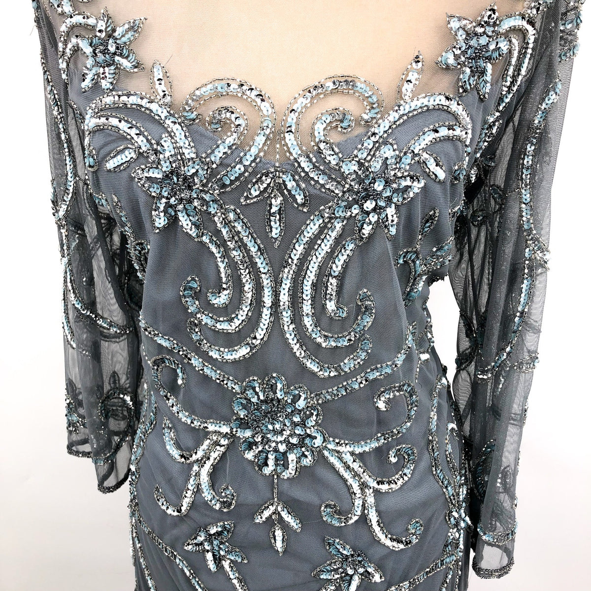 PISARRO NIGHTS Beaded Illusion Neck Gown Size 14 Sky Blue Gray 3/4 Sleeve NWT