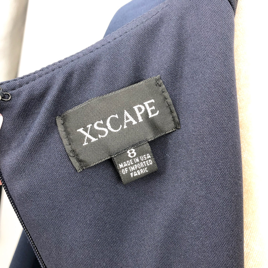 XSCAPE Women's Ruched Scuba Ruffle Gown Size 8 Midnight Blue 3/4 Sleeves NWT