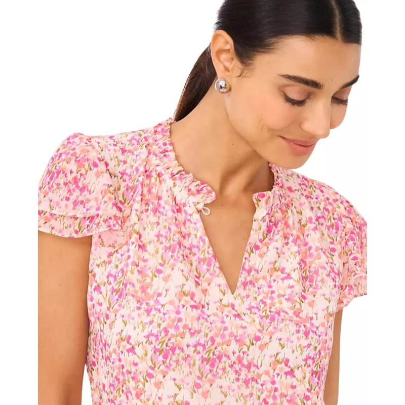 CECE Women's Ruffled Blouse XS Pink Floral Keyhole-Neck Flutter-Sleeve NWT