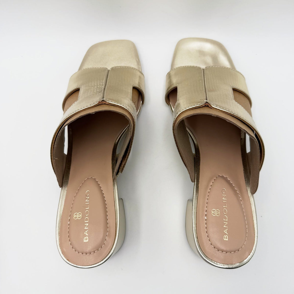 Bandolino Womens Merring Block Heel Slide Sandals Size 9 Gold Lizard NIB