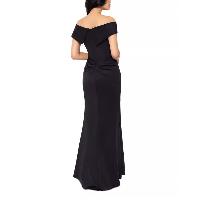 XSCAPE Women's Scuba Off The Shoulder Gown Size 4 Black Ruffle Crepe NWT