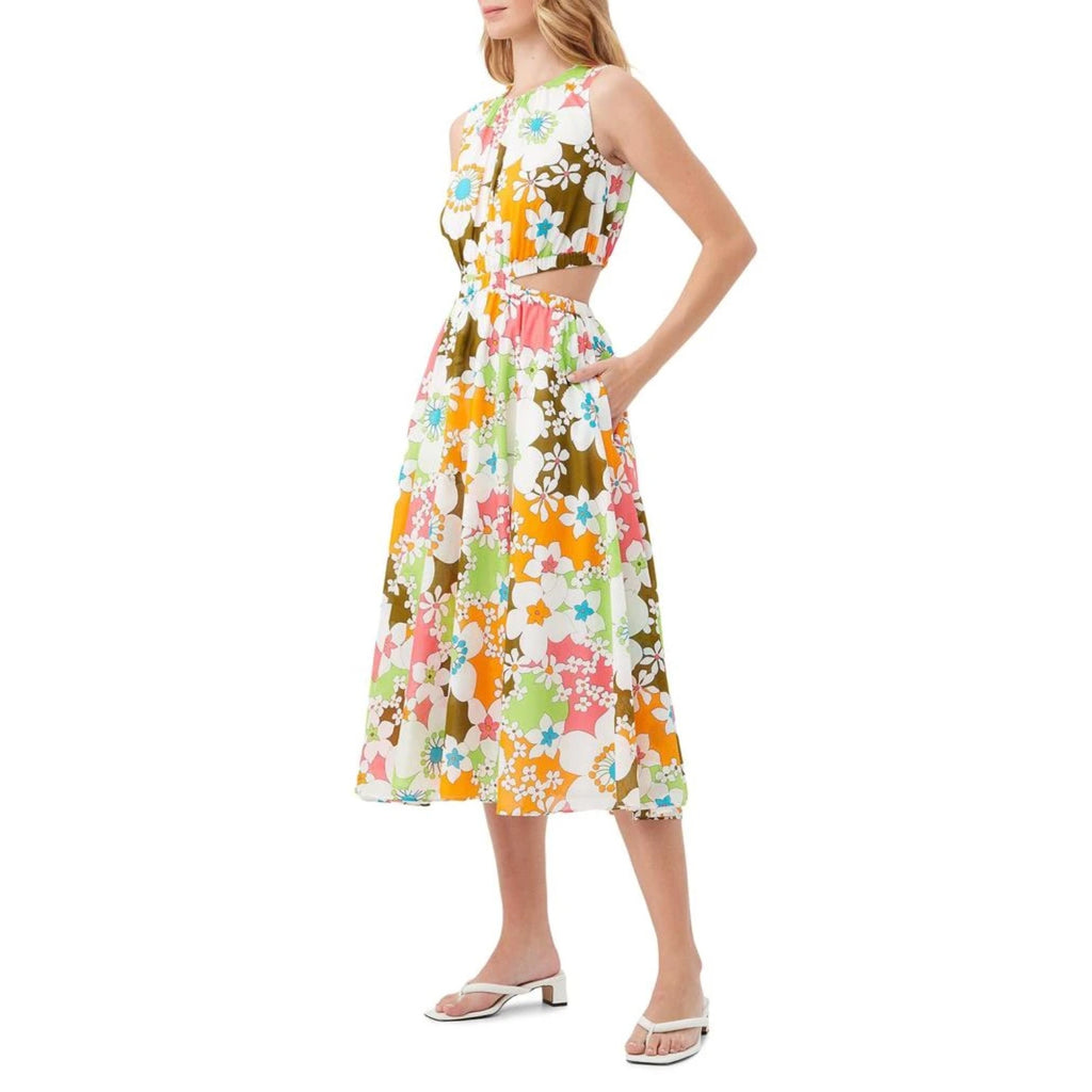 Trina Turk Womens Floral Artimo Midi Dress Medium White Multi Cut Out Casual NWT