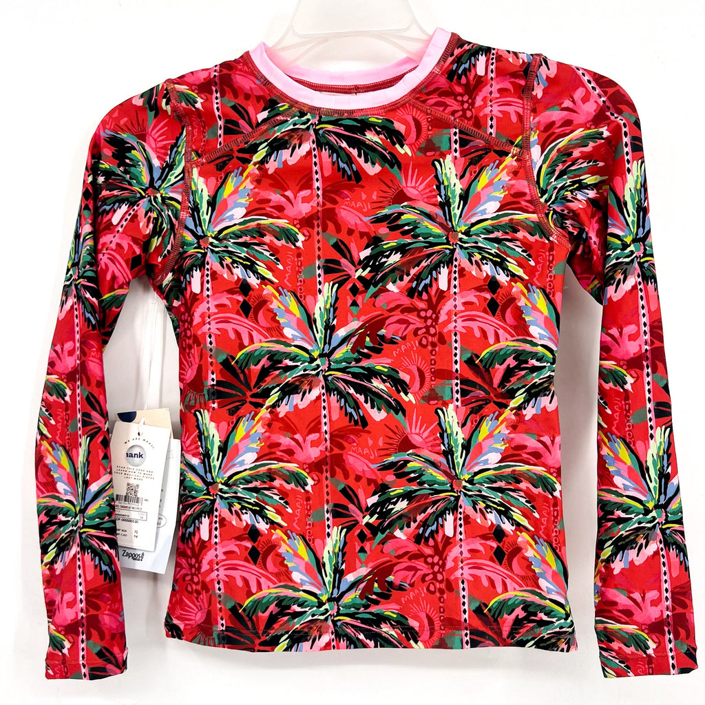 MAAJI Girl's Odyssey Rashguard Swim Top Size 12 Red Flame Palms Long Sleeve NWT