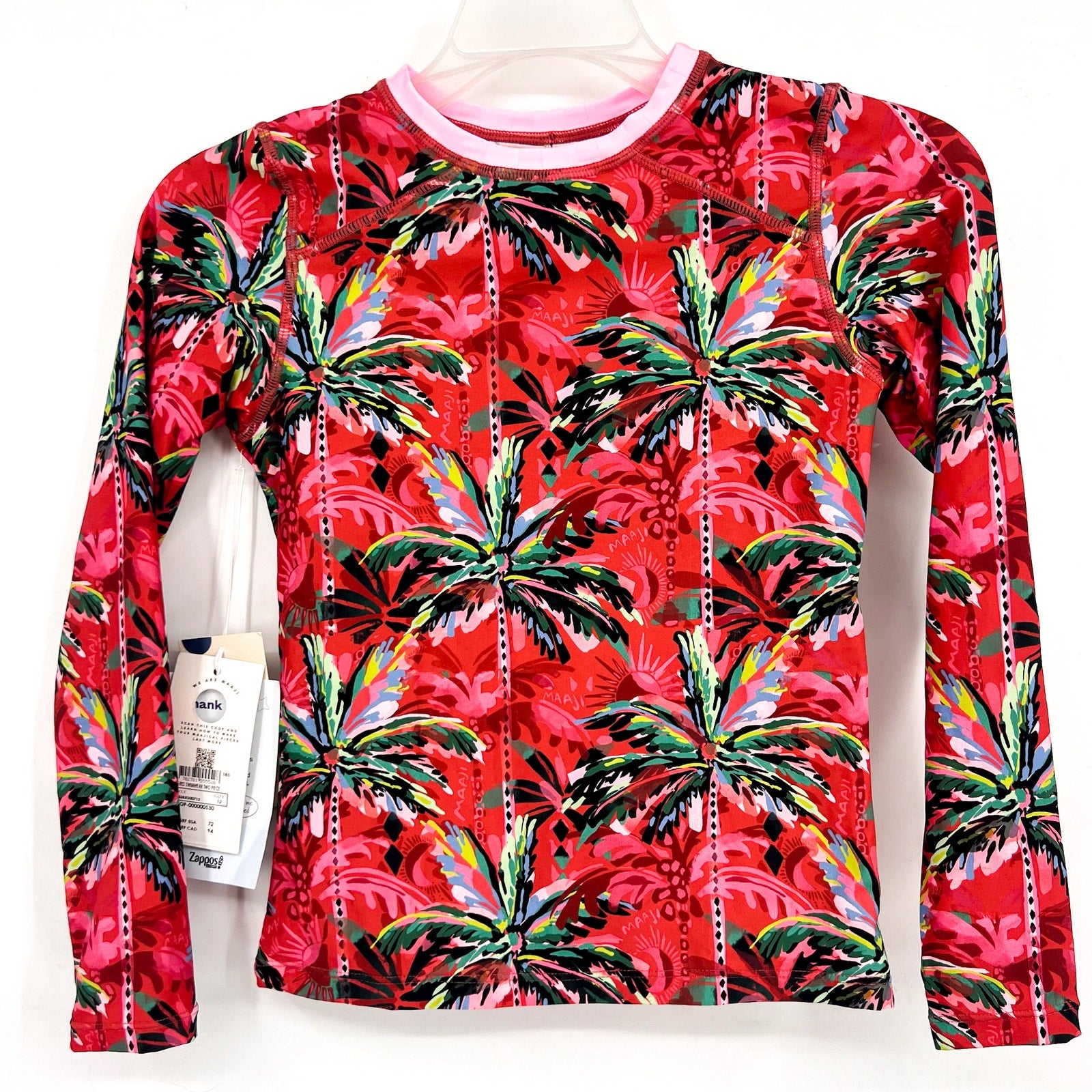 MAAJI Girl's Odyssey Rashguard Swim Top Size 12 Red Flame Palms Long Sleeve NWT