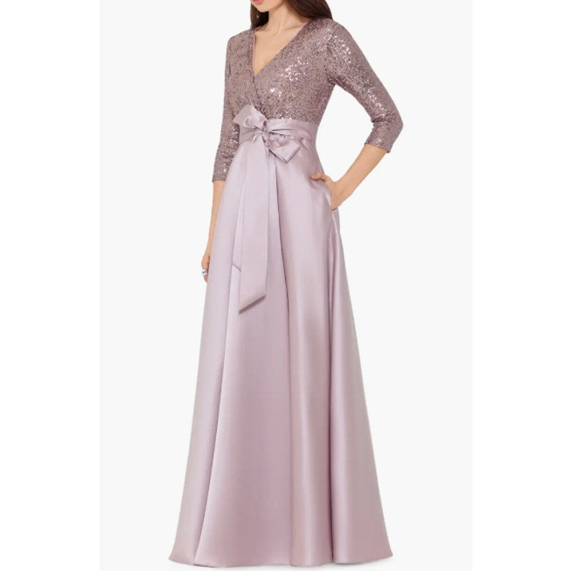 XSCAPE Women's Sequin & Satin A-Line Gown Size 10 Rose Pink Elbow Sleeve NWOT
