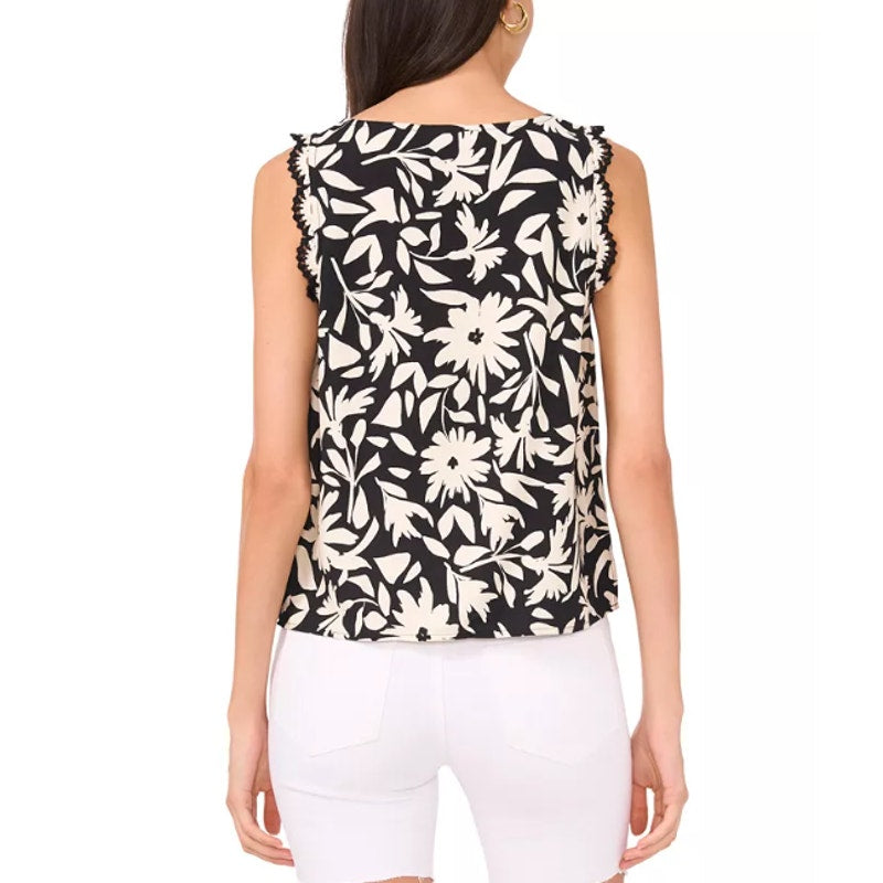 VINCE CAMUTO Women's Floral-Print Top Small Black White Crocheted-Trim NWT