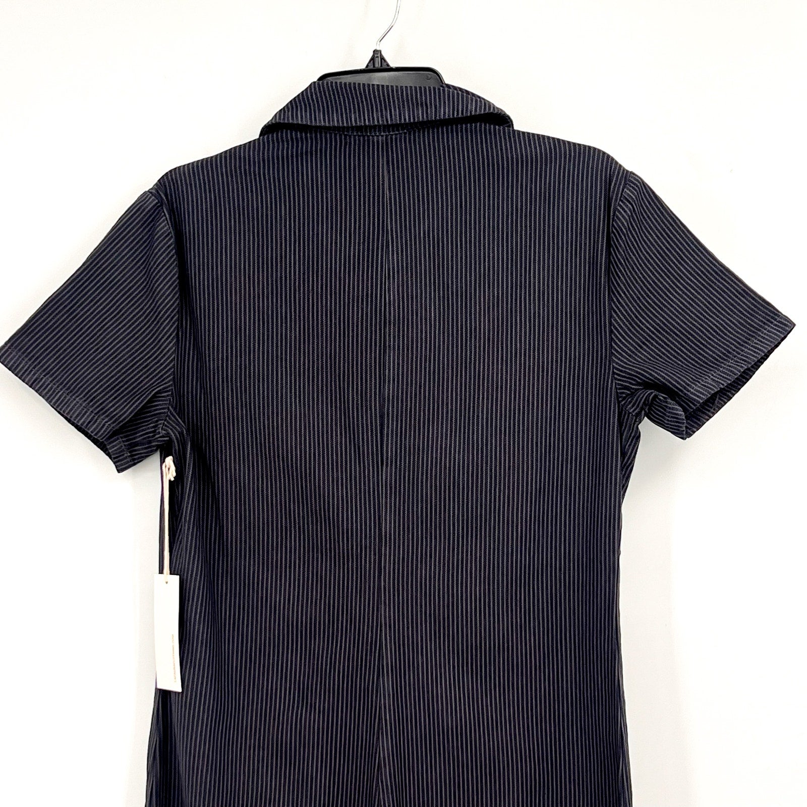 LACAUSA Womens Railroad Lucky Jumpsuit XS Dark Blue Gray Stripe Short Sleeve NWT