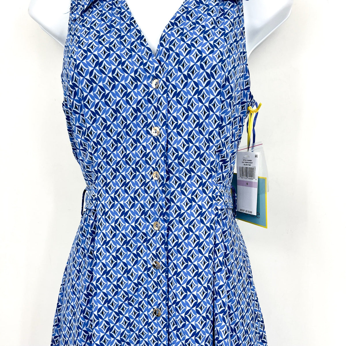 CECE Midi Shirt Dress Size 6 Blue Print Sleeveless V-Neck Belted Waist NWT