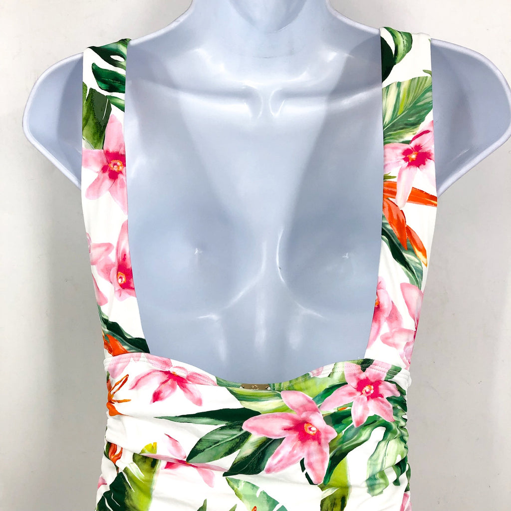 LAUREN RALPH LAUREN Plunge One Piece Swimsuit Size 12 White Tropical Floral NWT