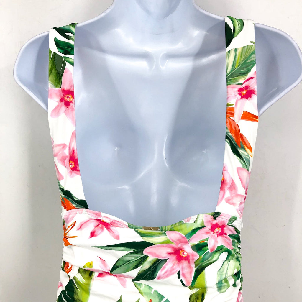 LAUREN RALPH LAUREN Plunge One Piece Swimsuit Size 12 White Tropical Floral NWT
