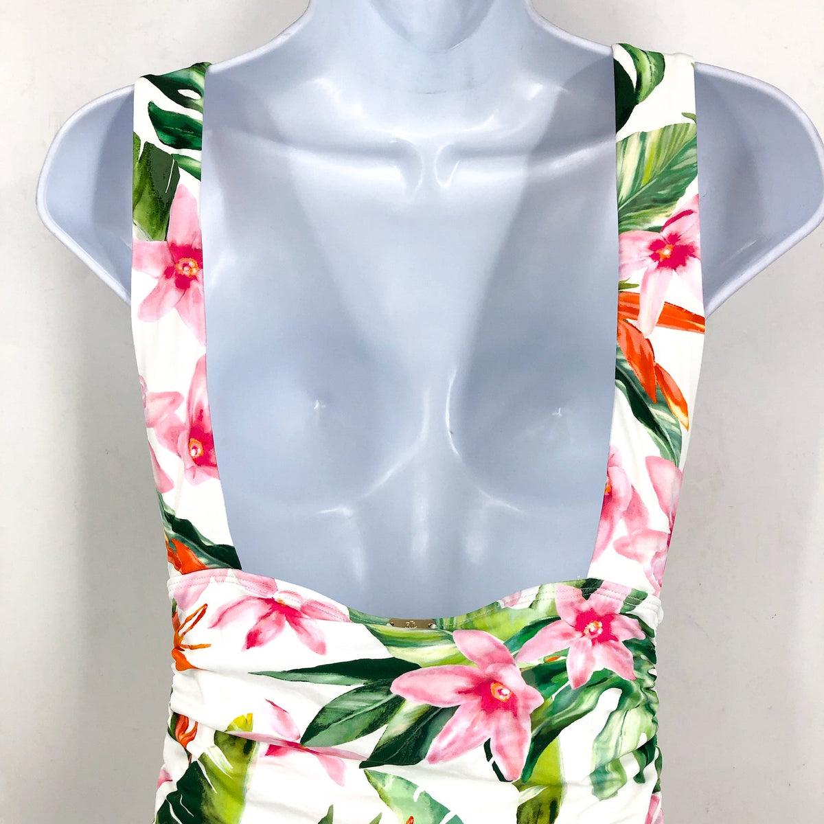 LAUREN RALPH LAUREN Plunge One Piece Swimsuit Size 12 White Tropical Floral NWT