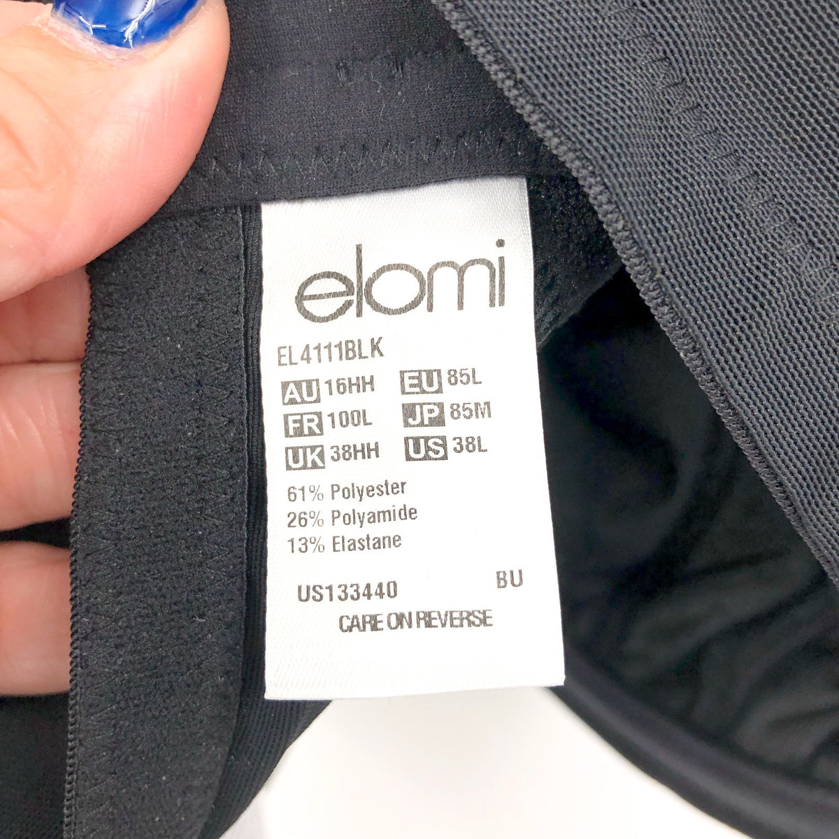 ELOMI Women's Morgan Underwired Banded Bra 38L Black Full Cup 4111 NWT