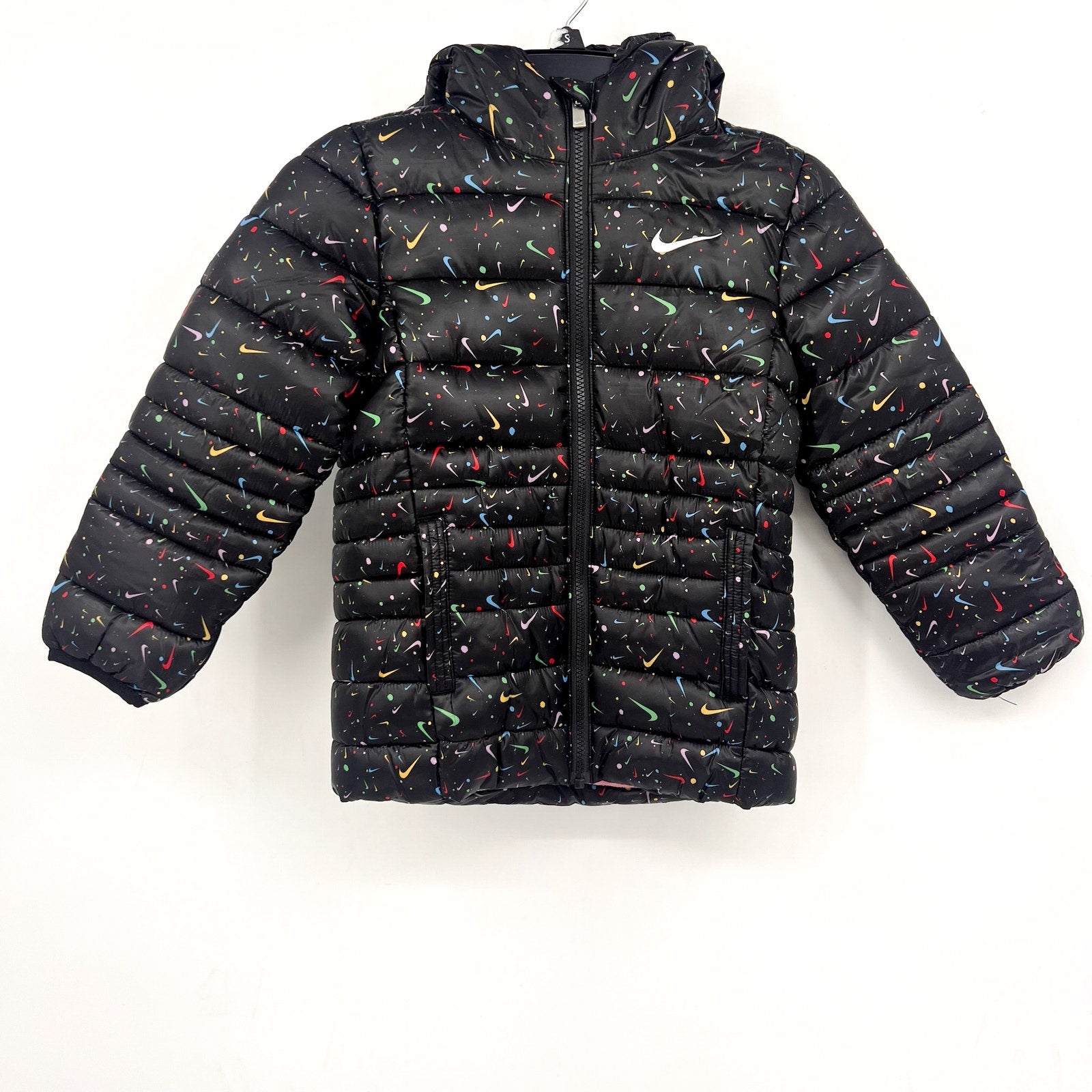 NIKE Girl's Just Do It Printed Puffer Jacket Size 6X Black Confetti NWOT