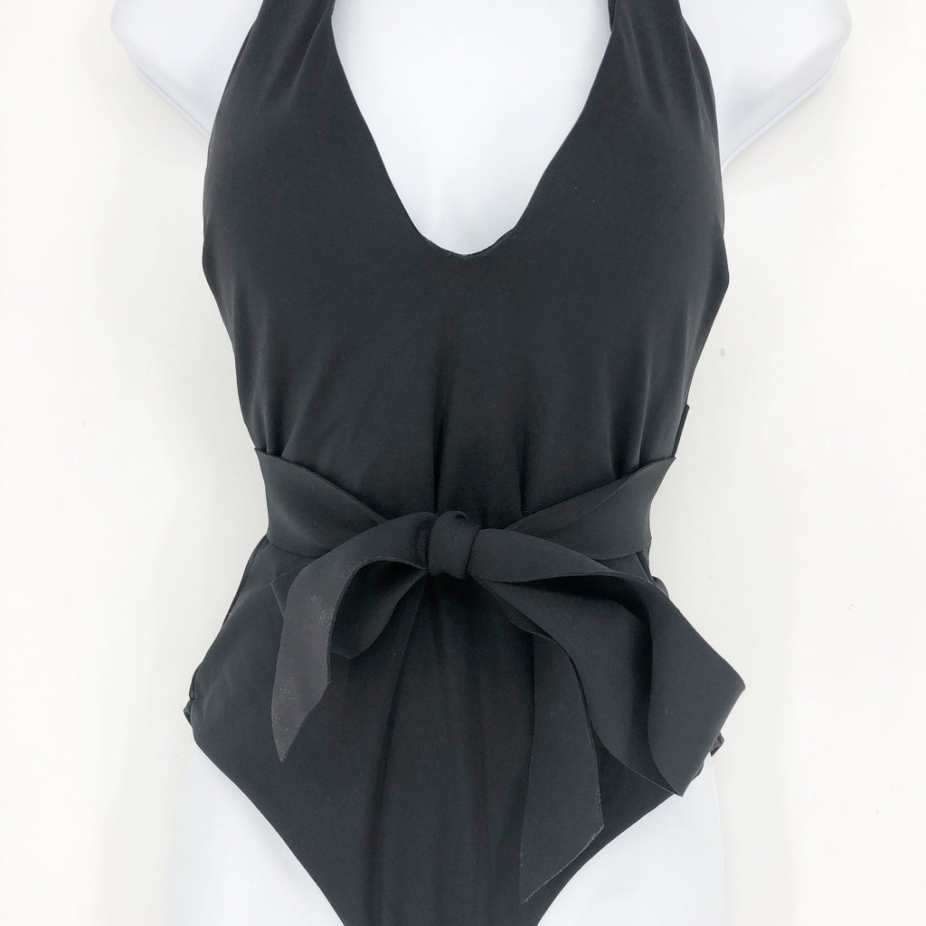 SEA LEVEL Dark Romance Bonded Belt Plunge One Piece Swimsuit Black 10 Halter Bow