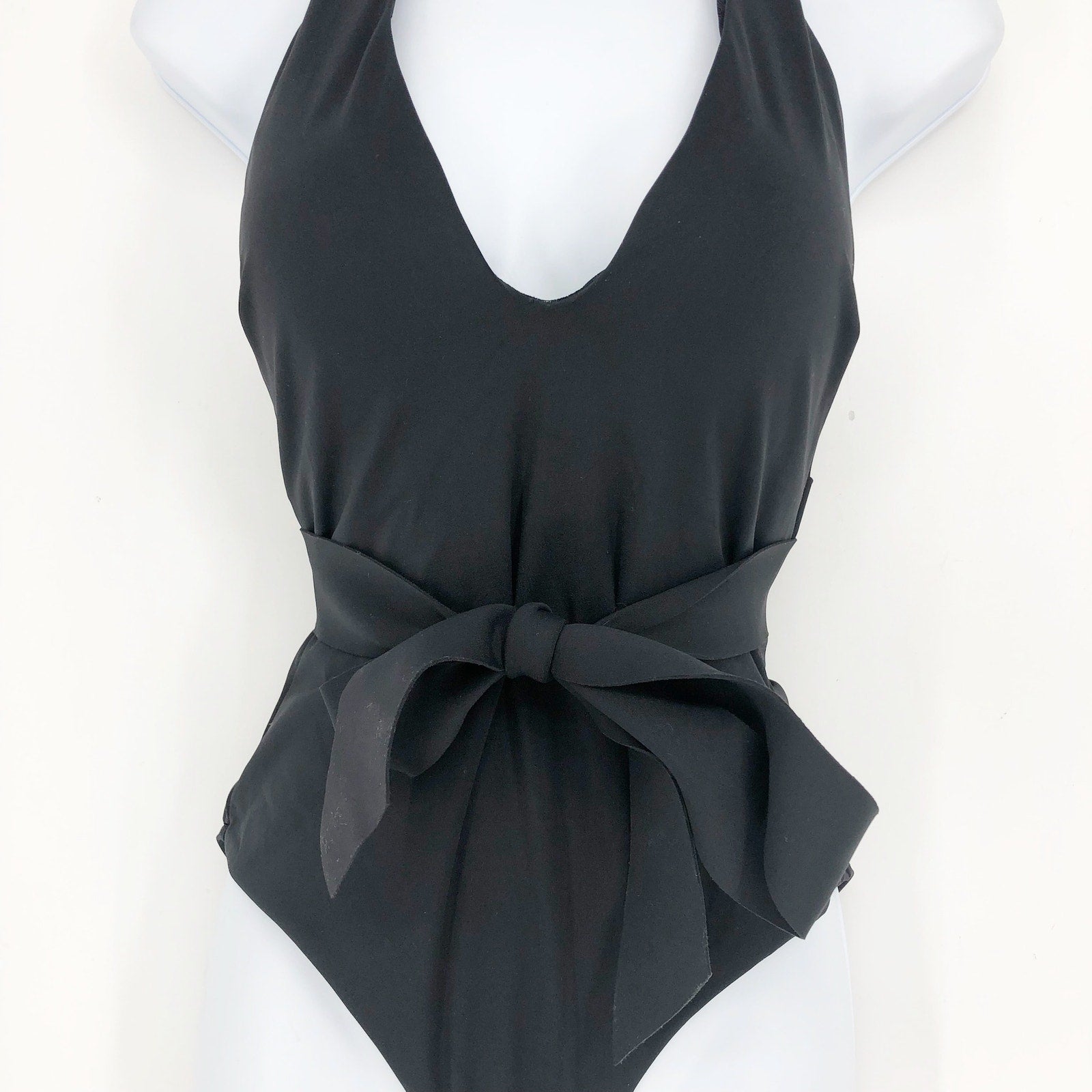 SEA LEVEL Dark Romance Bonded Belt Plunge One Piece Swimsuit Black 10 Halter Bow