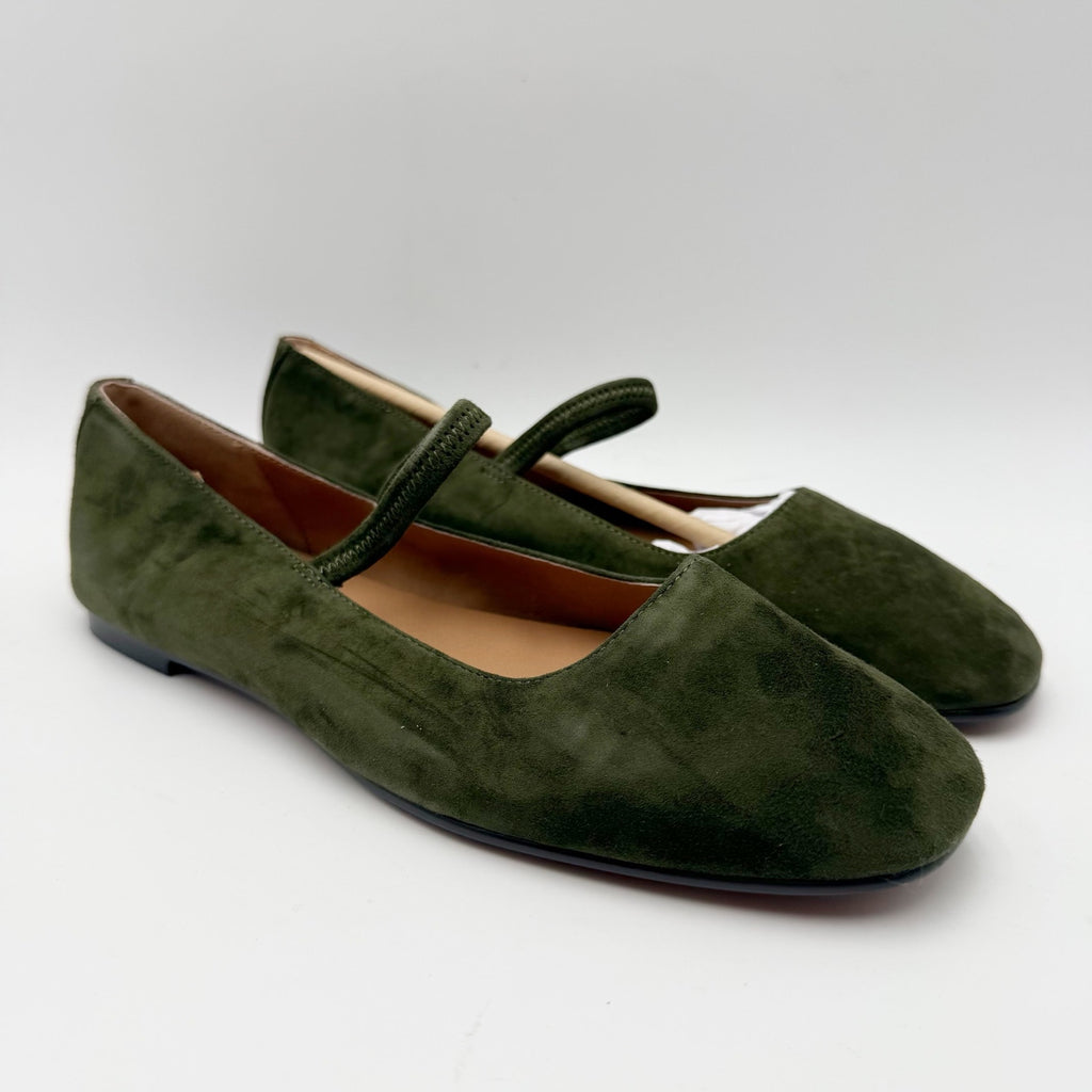 Madewell Womens Greta Elastic Mary Jane Flats Size 7.5 M Loden Green Suede NIB