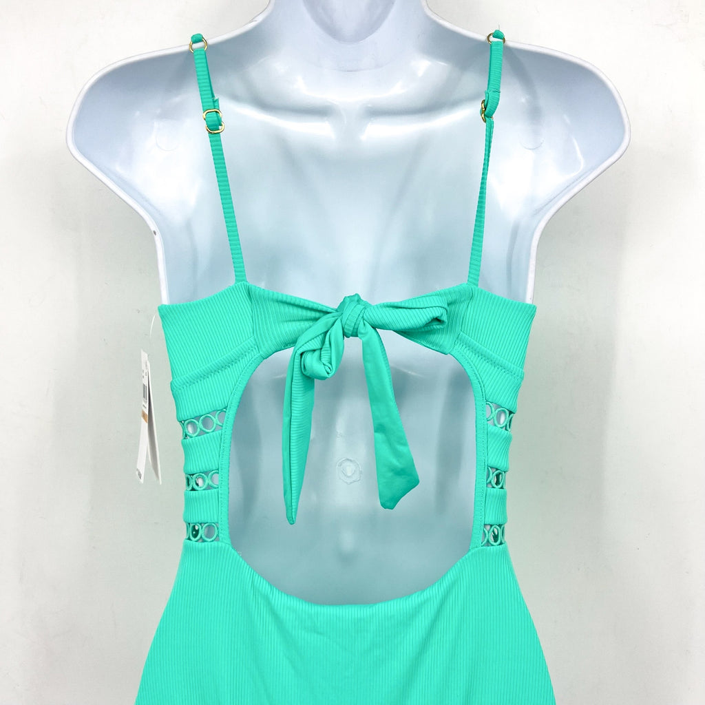 BECCA Modern Edge Toni One-Piece Swimsuit Medium Aqua Sea Green Rib Plunge NWT