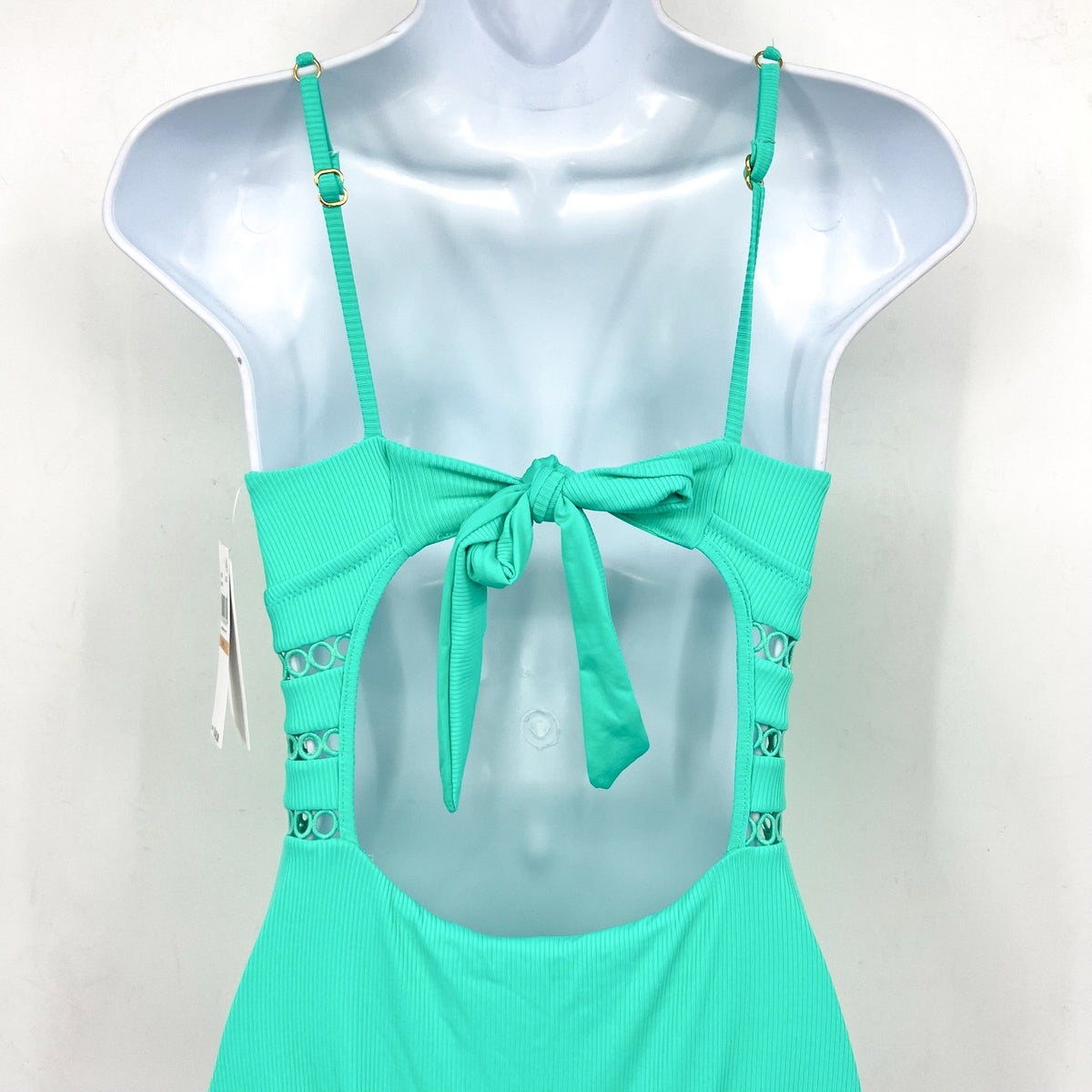 BECCA Modern Edge Toni One-Piece Swimsuit Medium Aqua Sea Green Rib Plunge NWT