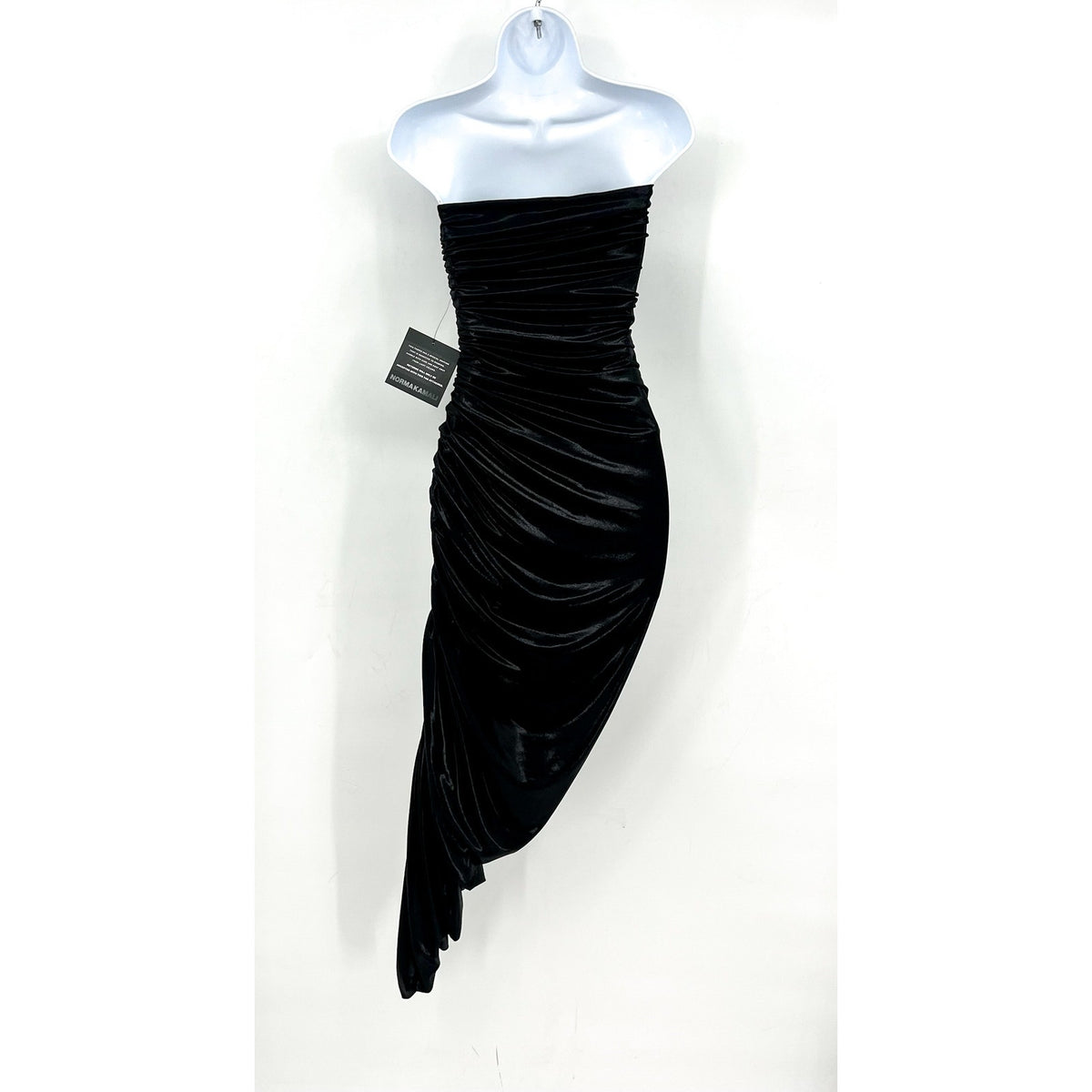 NORMA KAMALI Diana Strapless Midi Dress XS 34 Black Metallic Ruched Stretch NWT