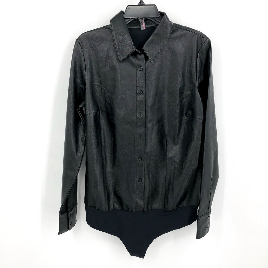 COMMANDO Women's Faux Leather Bodysuit Large Black Lightweight Button Down NWT
