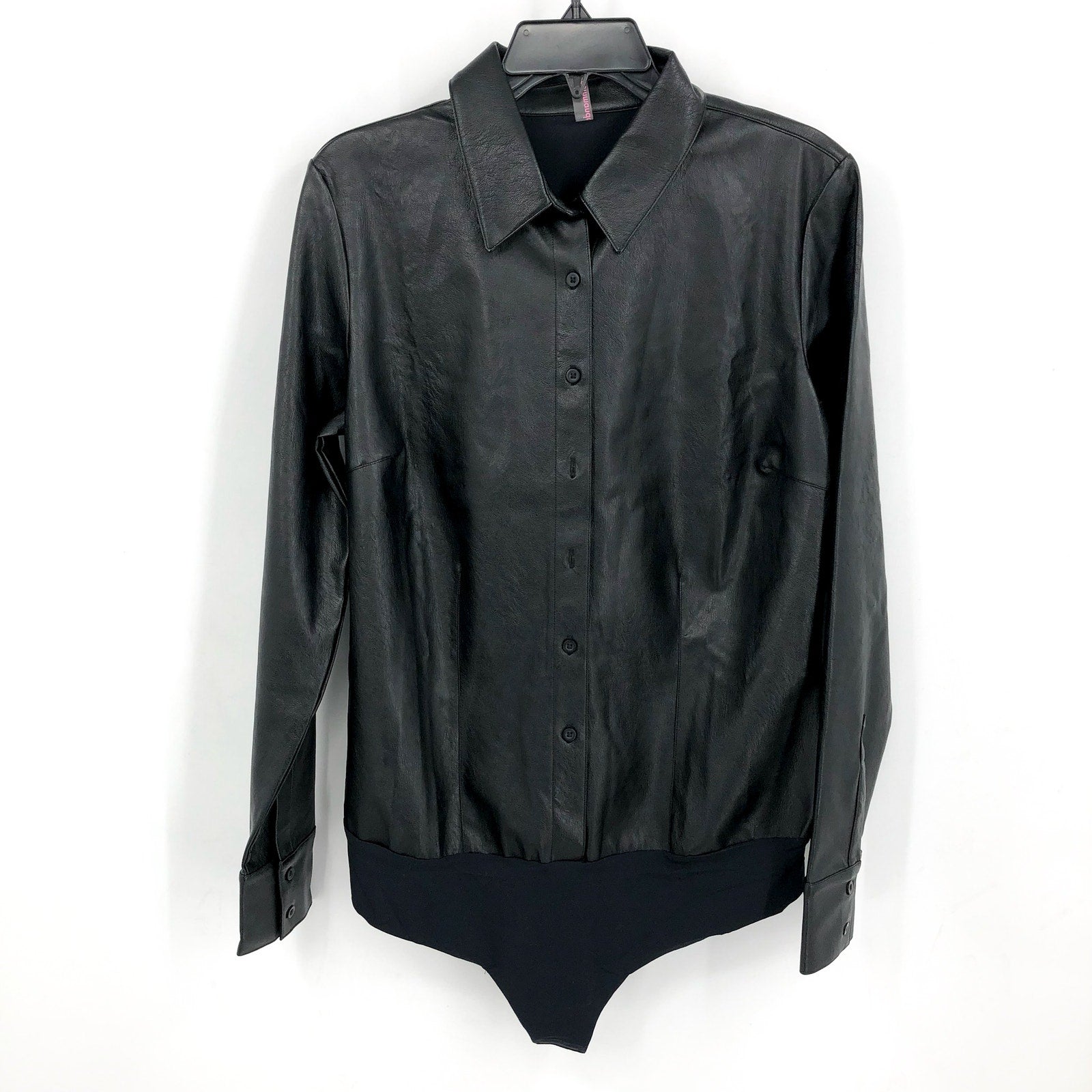 COMMANDO Women's Faux Leather Bodysuit Large Black Lightweight Button Down NWT